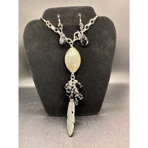 Black Necklace and earring set With Feather And Large Black Beads